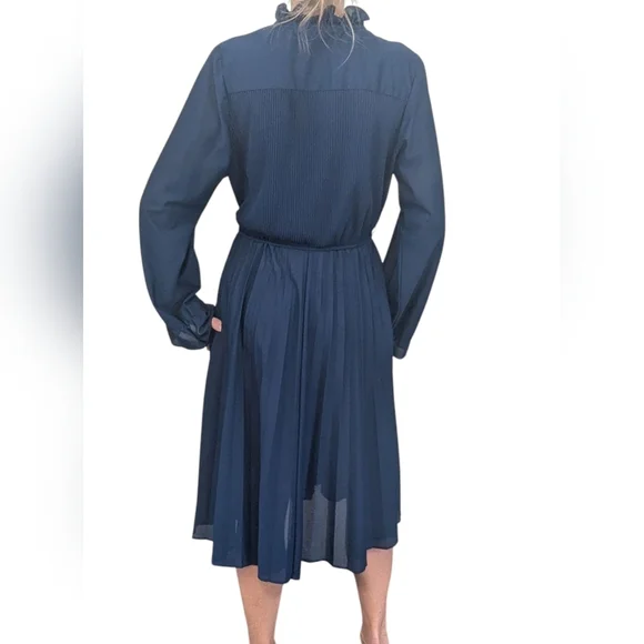 Vintage Women's Sheer Navy V-Neck Ruffle Retro 80s Fashion Blouson Dress Size M - Picture 2 of 7